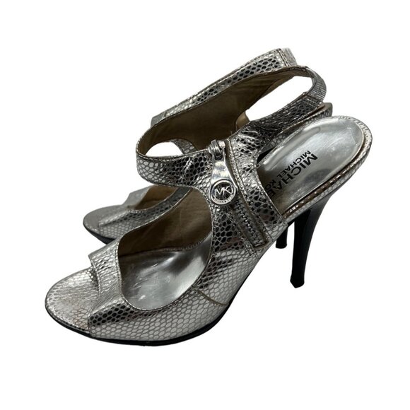 Michael Kors Silver Metallic Peep Toe Sandals Stiletto Heel Shoes Size 7.5 - Picture 4 of 7